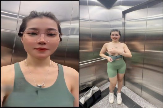Lan Anh ngậm kẹo trong thang máy